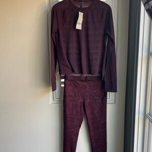 SWEATY BETTY Plum Red Emboss Leggings & L/S Running Top Set Women’s Large NWT